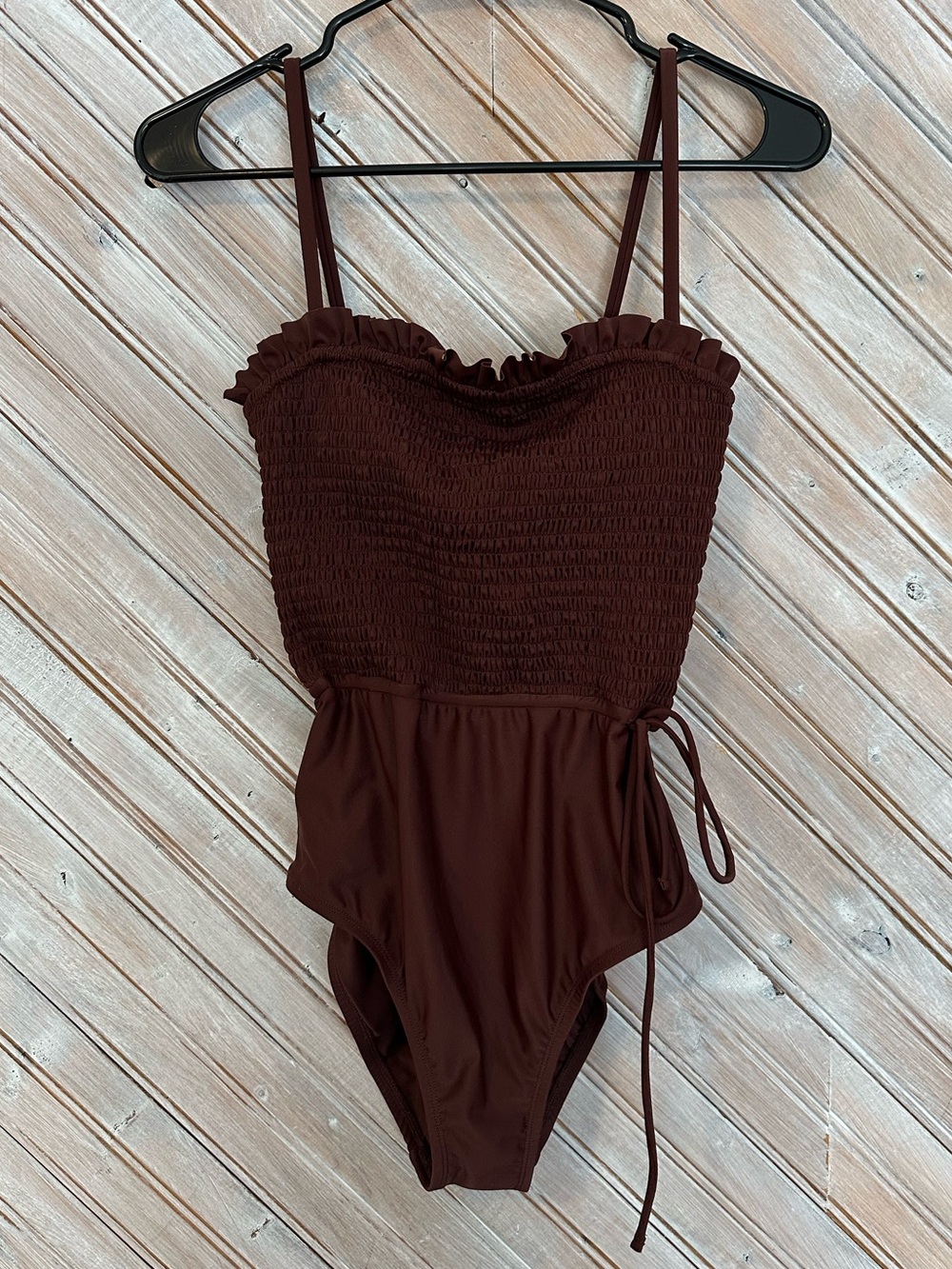 Anthropologie Ruffled Smocked One-Piece Swimsuit Chocolate Brown Cinched Waist